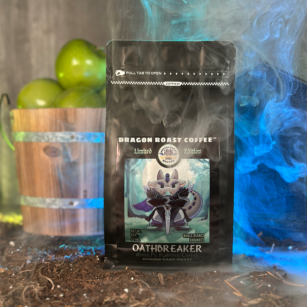 Dragon Roast Coffee Oathbreaker Roast with decorative elements and smoke effects